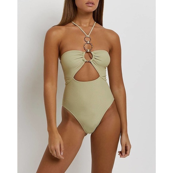 River Island Other - New River Island Ribbed Cut Out Swimsuit Stretch Solid Green Women's Size 8